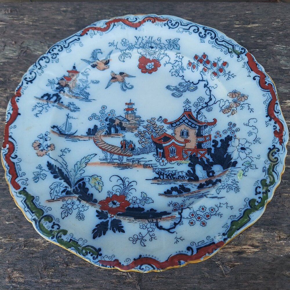 Antique Ainsworth Bros Hanley Blue & Red Chinoiserie Plate England Porcelain
